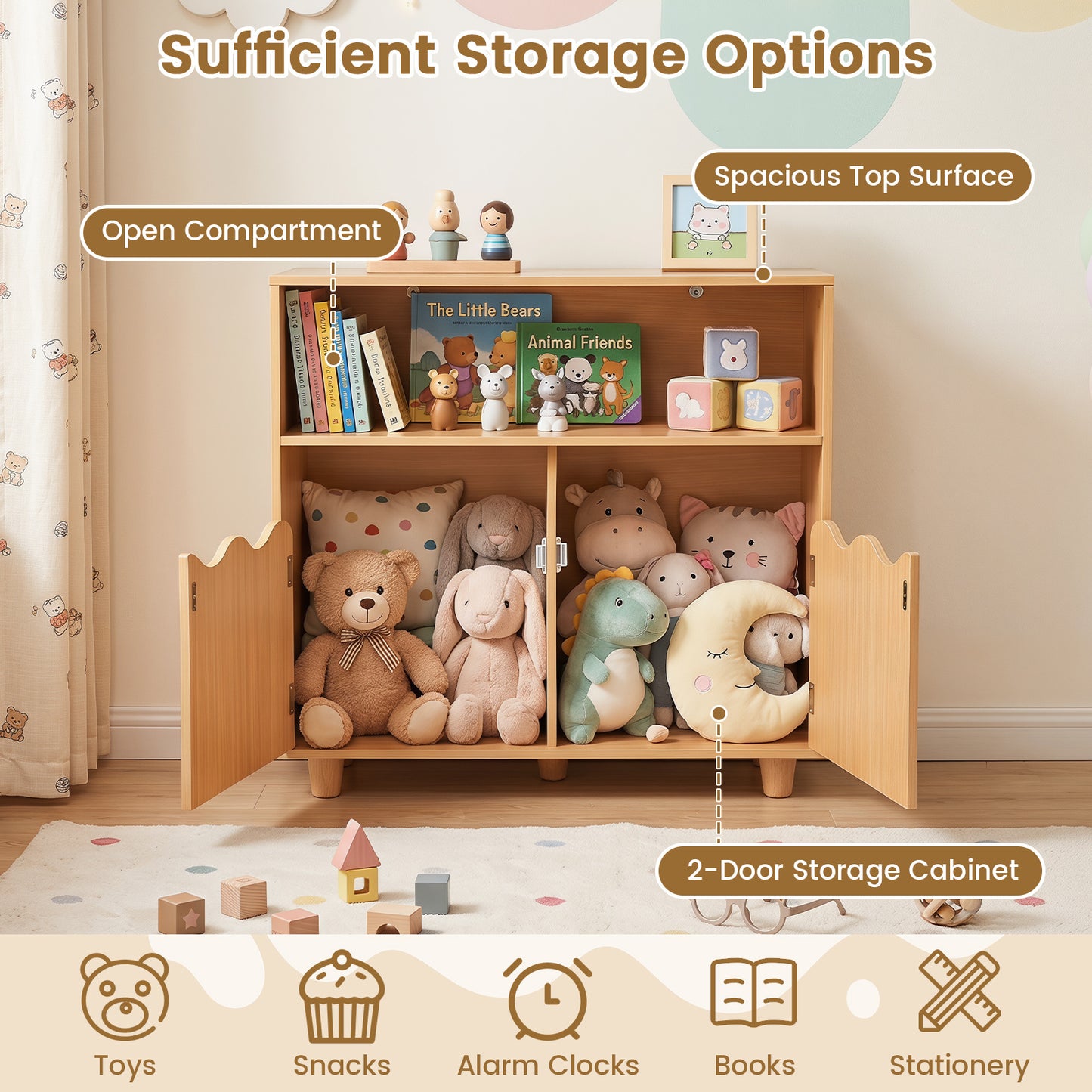Kids Toy Storage Organizer | 2-Door Cabinet & Top Surface Natural