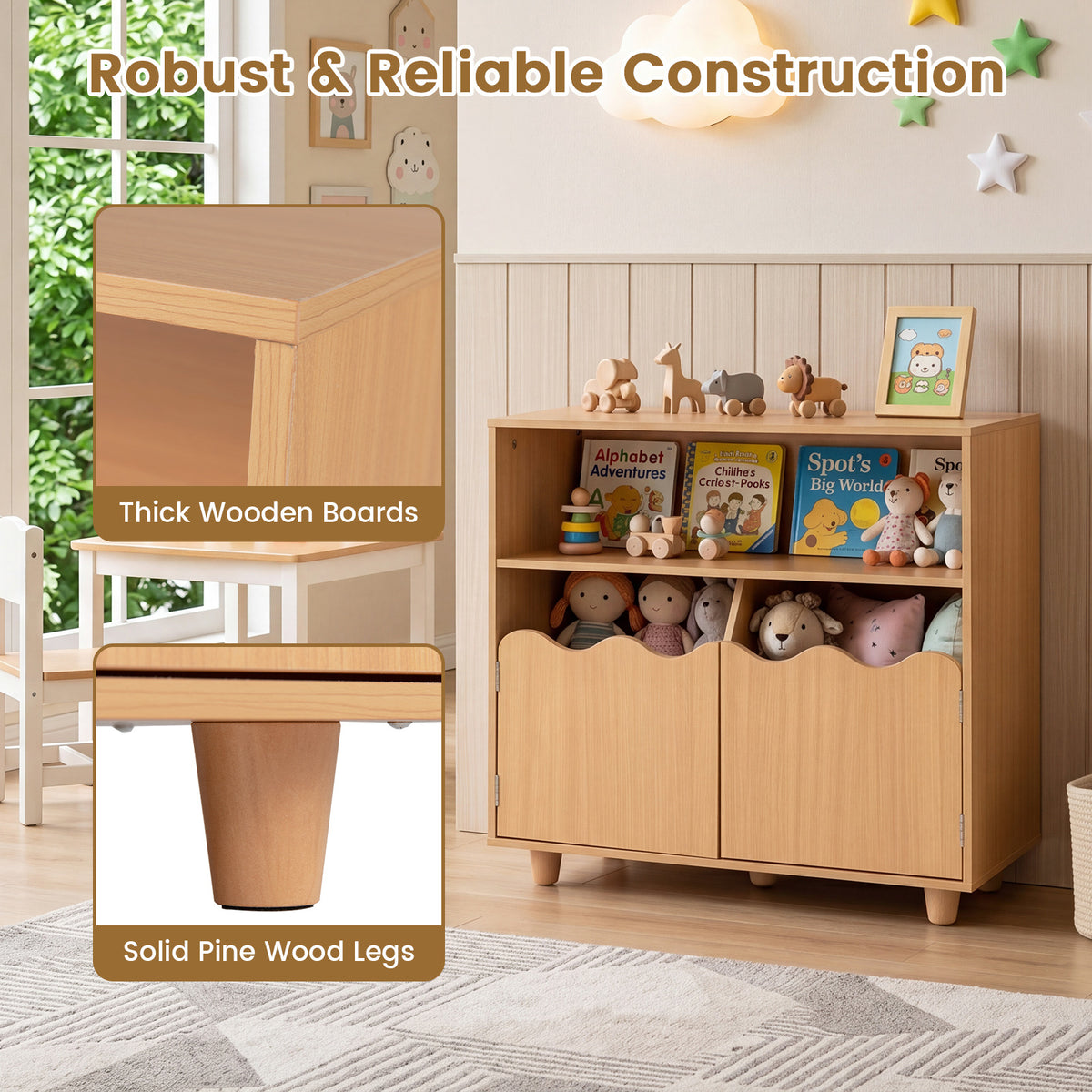 Kids Toy Storage Organizer | 2-Door Cabinet & Top Surface Natural
