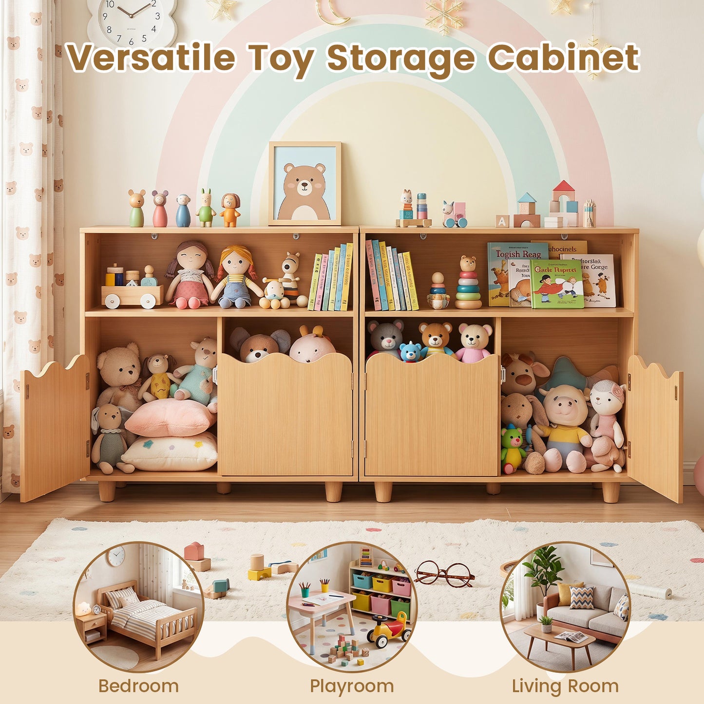 Kids Toy Storage Organizer | 2-Door Cabinet & Top Surface Natural