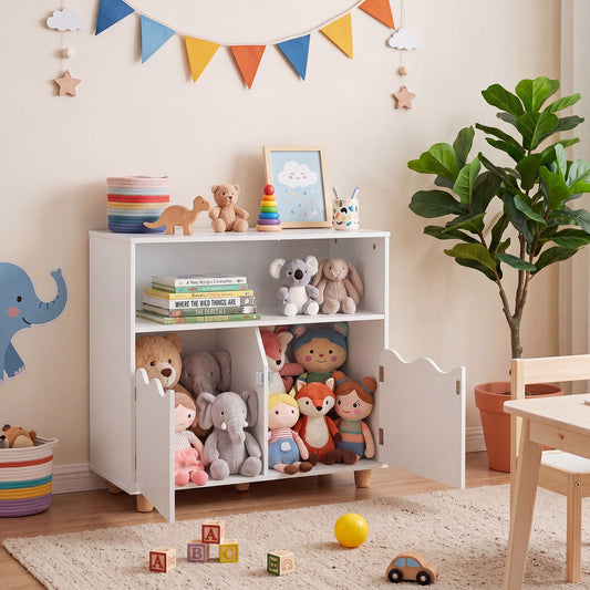 Costway Kids Toy Storage Organizer with Top Surface and 2-Door Cabinet for Bedroom-White