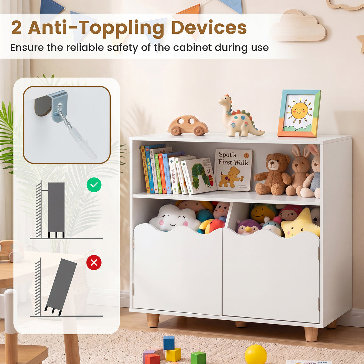 Kids Toy Storage Organizer | 2-Door Cabinet & Top Surface White