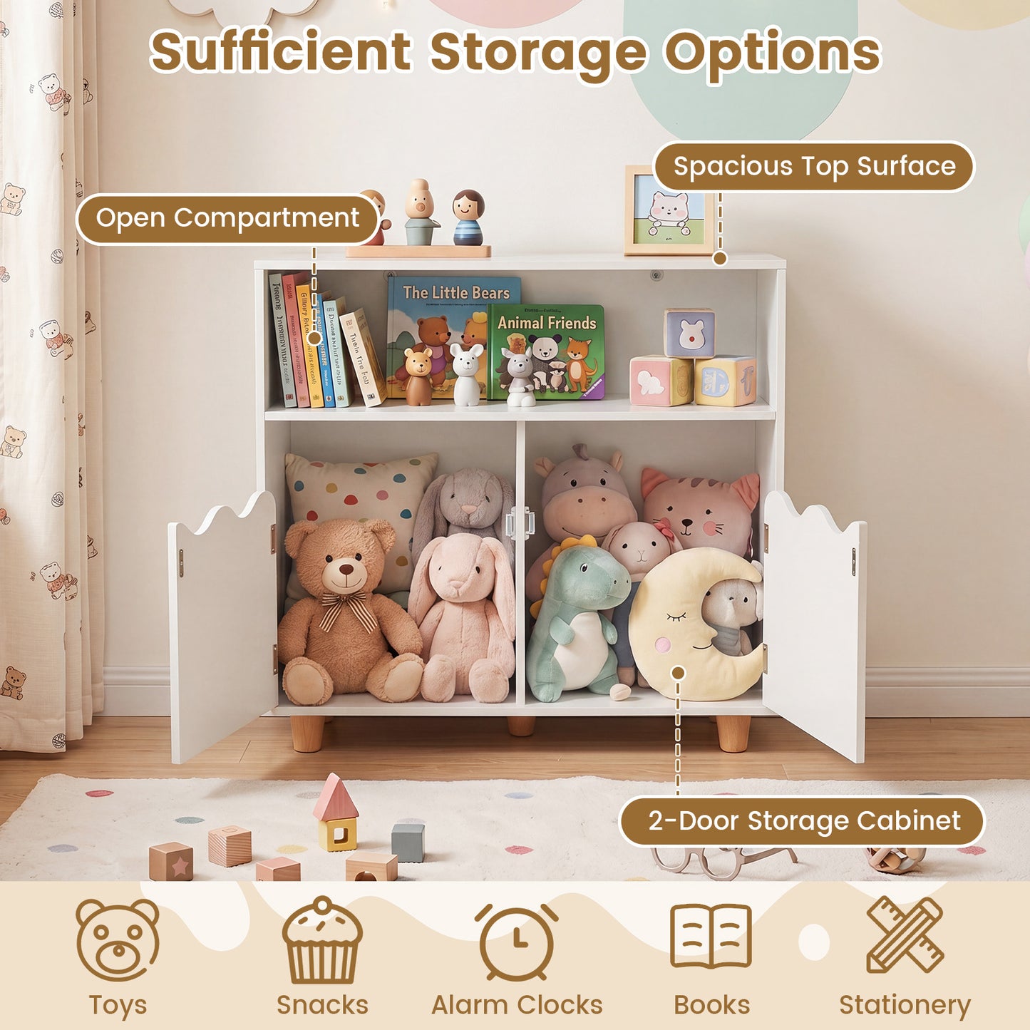 Kids Toy Storage Organizer | 2-Door Cabinet & Top Surface White