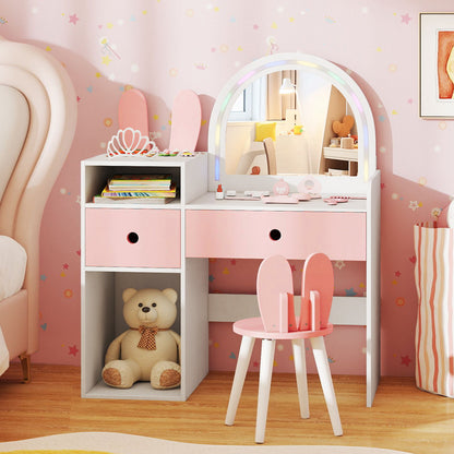 Costway Kids Vanity Desk with Lights Princess Bunny Makeup Table with Lighted Mirror-Pink&White