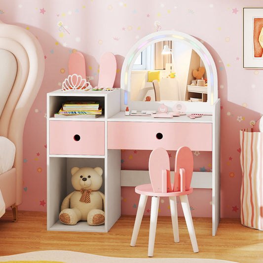 Costway Kids Vanity Desk with Lights Princess Bunny Makeup Table with Lighted Mirror-Pink&White