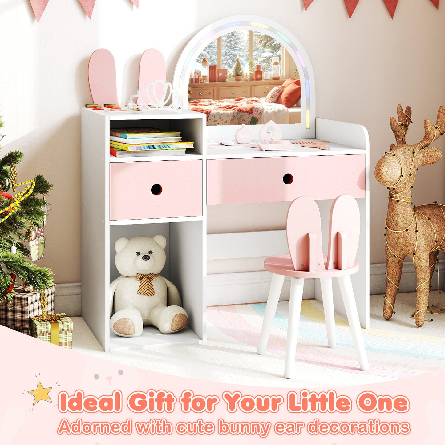 Kids Vanity Desk with Lights | Pink & White Princess Makeup Table