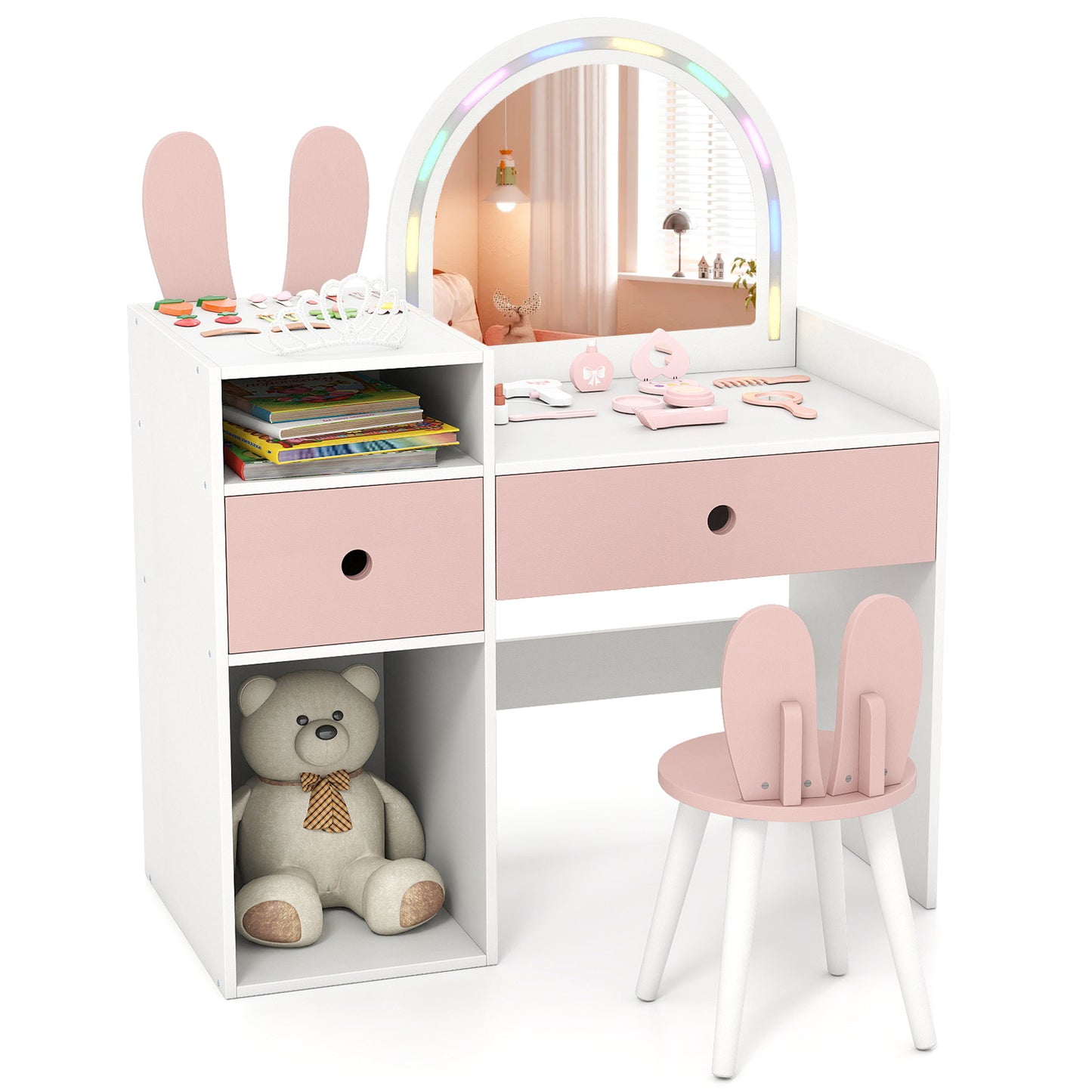 Kids Vanity Desk with Lights | Pink & White Princess Makeup Table