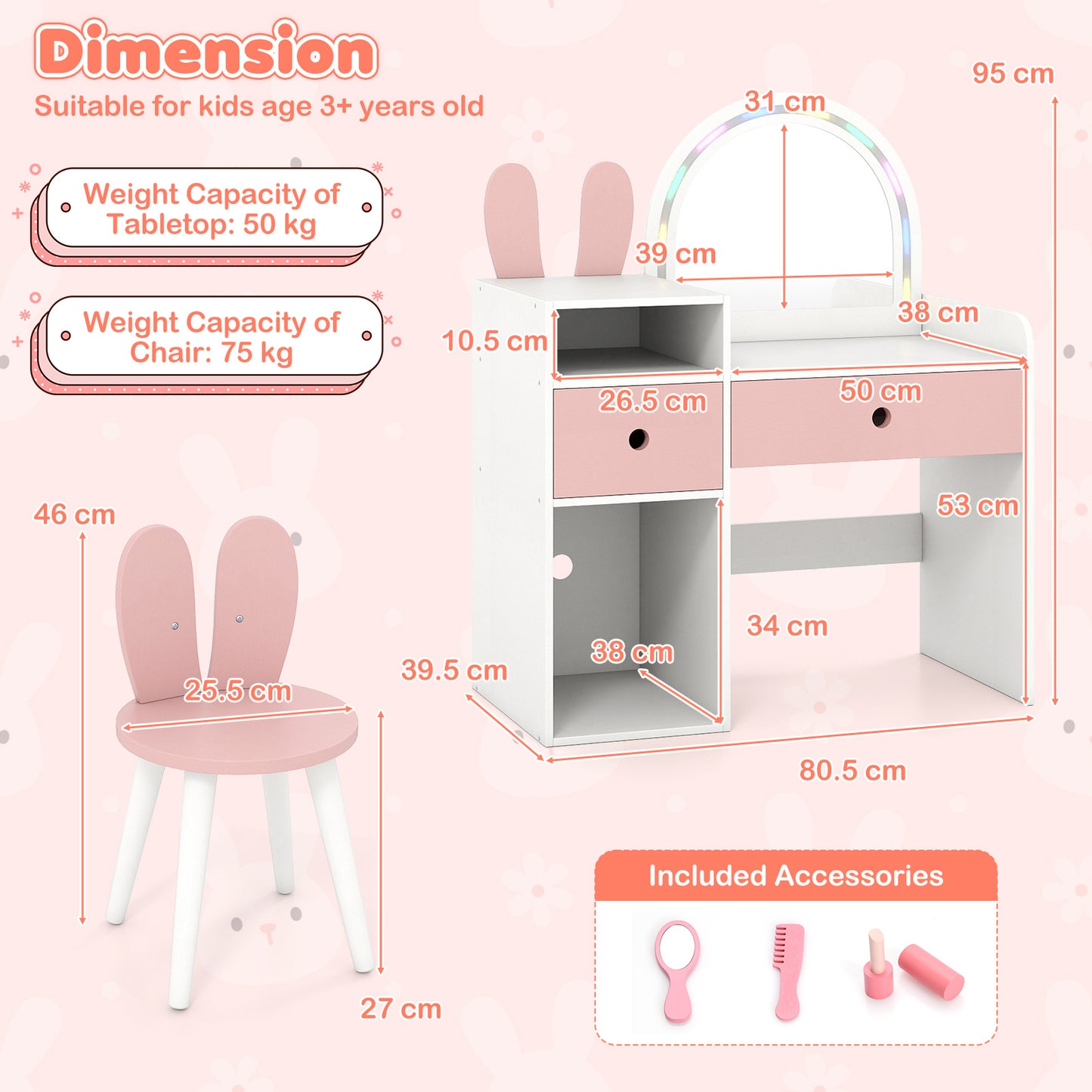 Kids Vanity Desk with Lights | Pink & White Princess Makeup Table