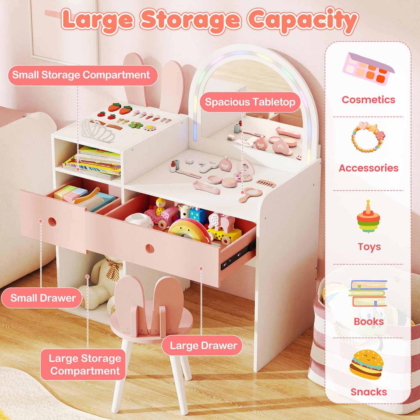 Kids Vanity Desk with Lights | Pink & White Princess Makeup Table