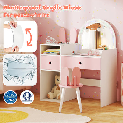 Kids Vanity Desk with Lights | Pink & White Princess Makeup Table
