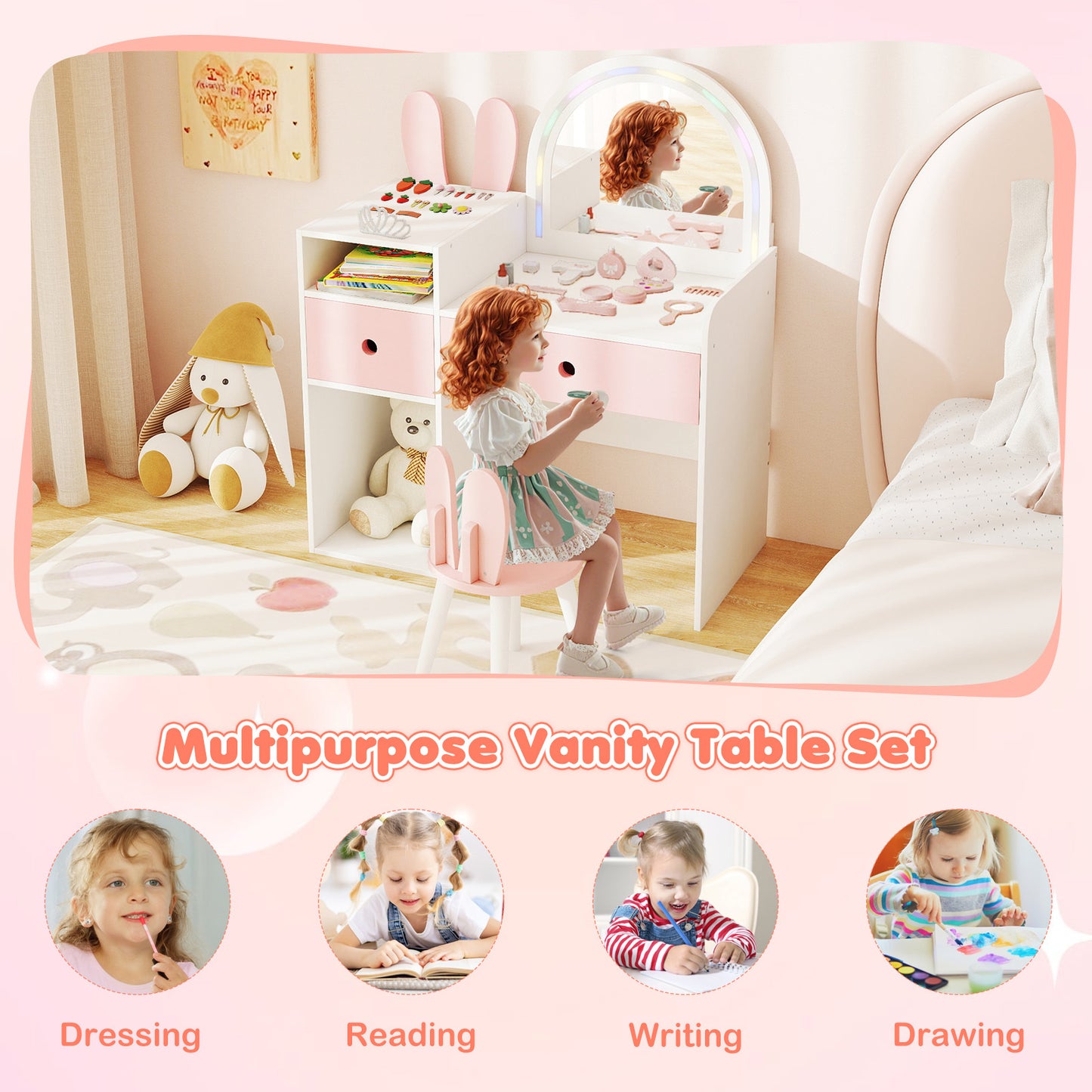 Kids Vanity Desk with Lights | Pink & White Princess Makeup Table