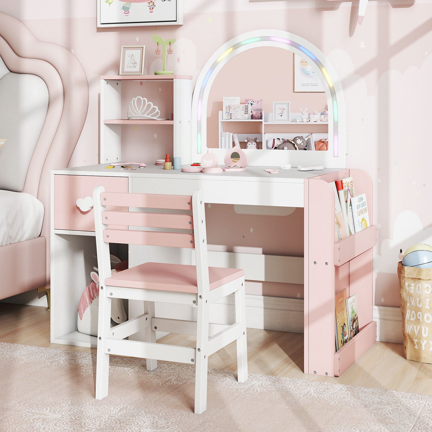 Costway Kids Vanity Desk with Lights Princess Makeup Table with Lighted Mirror-White&Pink