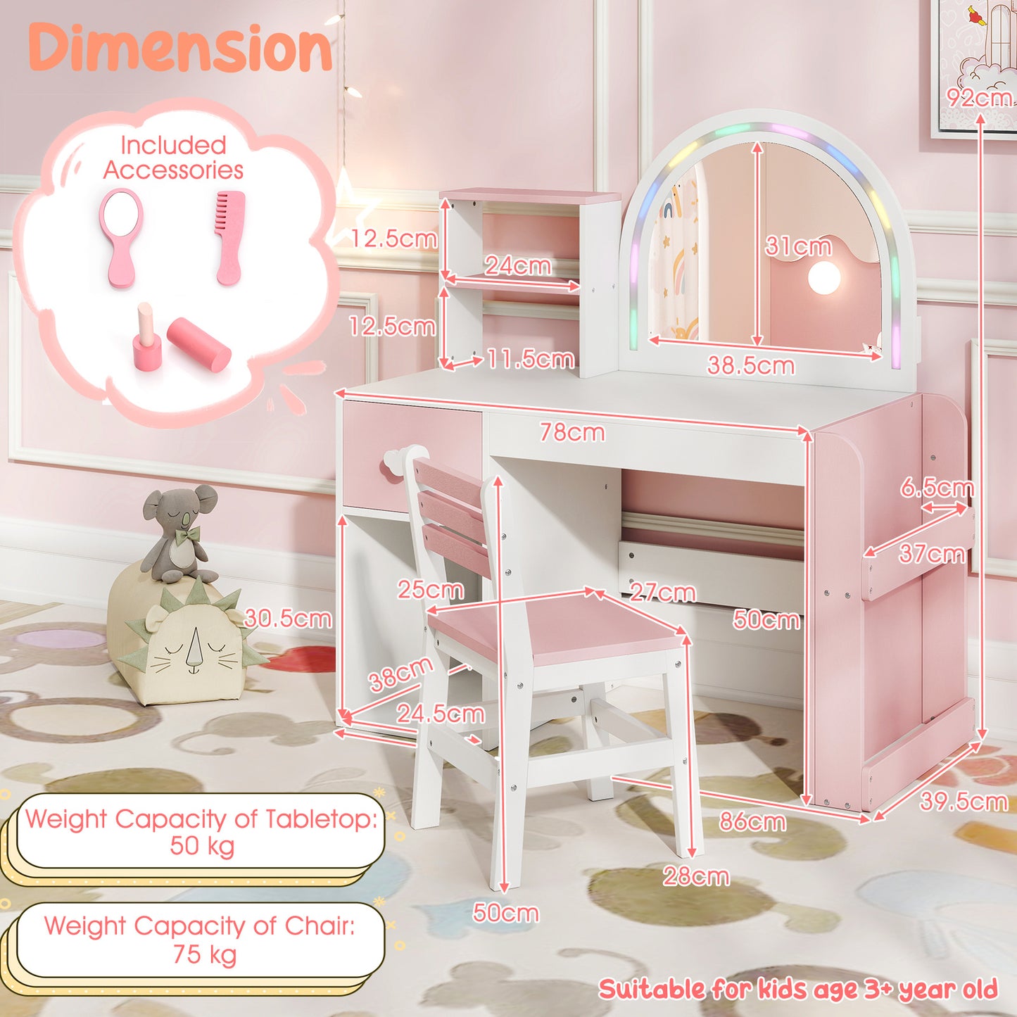 Kids Vanity Desk with Lights & Mirror | White & Pink