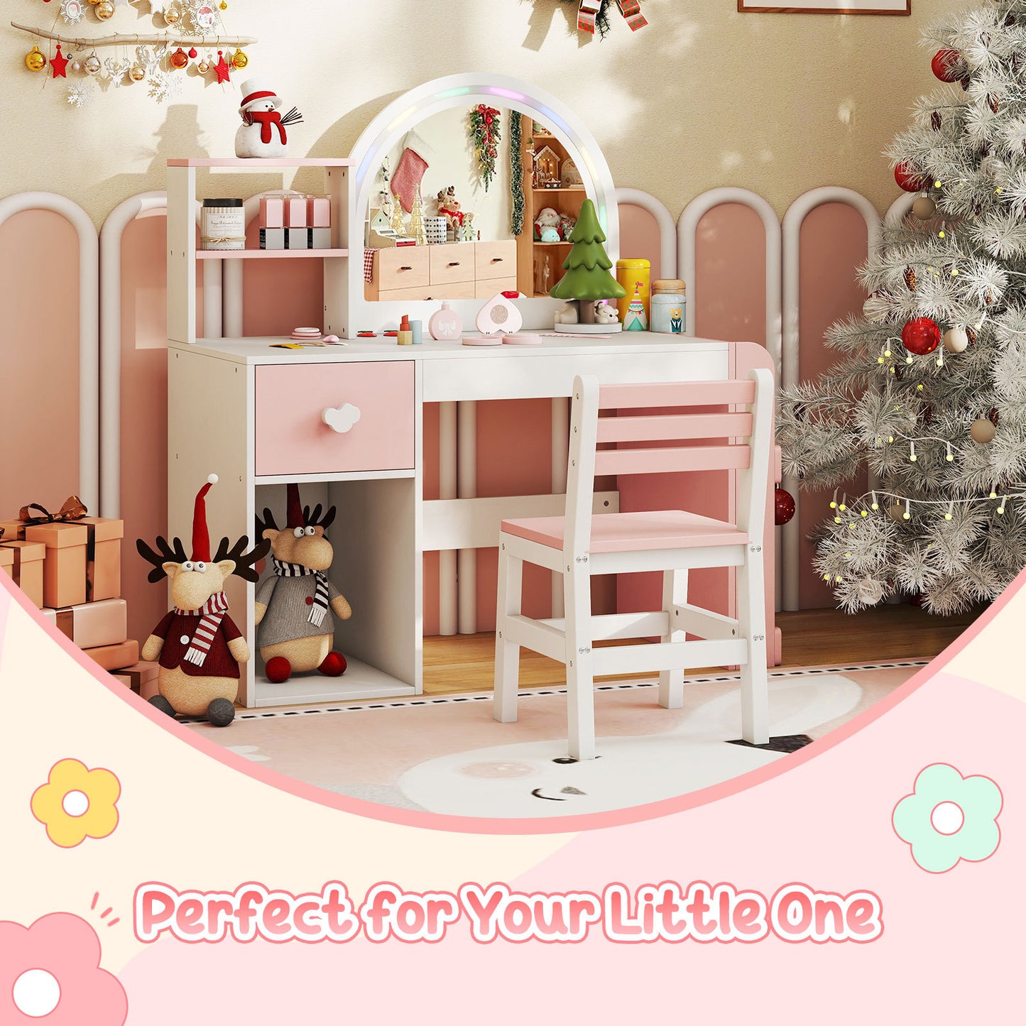 Kids Vanity Desk with Lights & Mirror | White & Pink