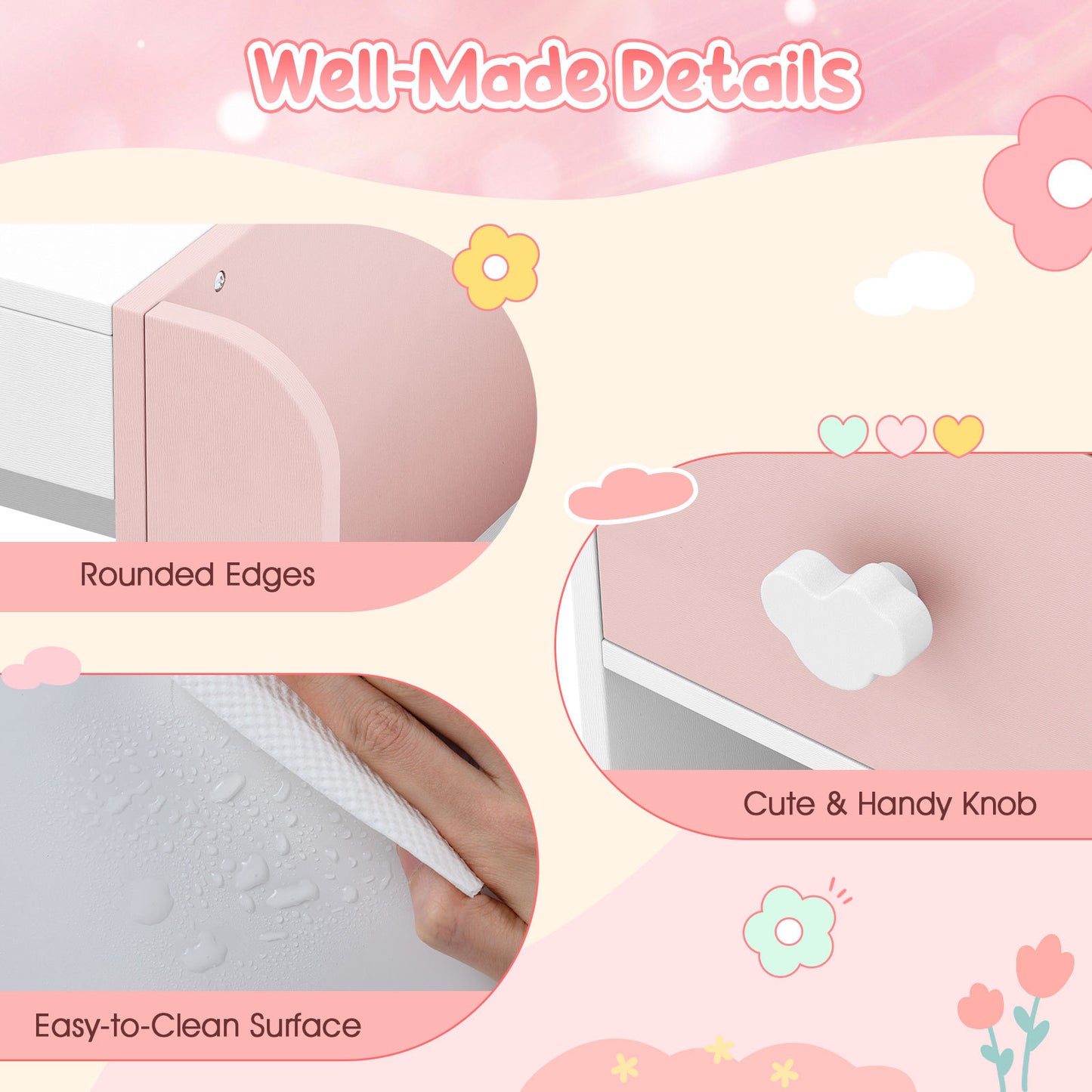 Kids Vanity Desk with Lights & Mirror | White & Pink
