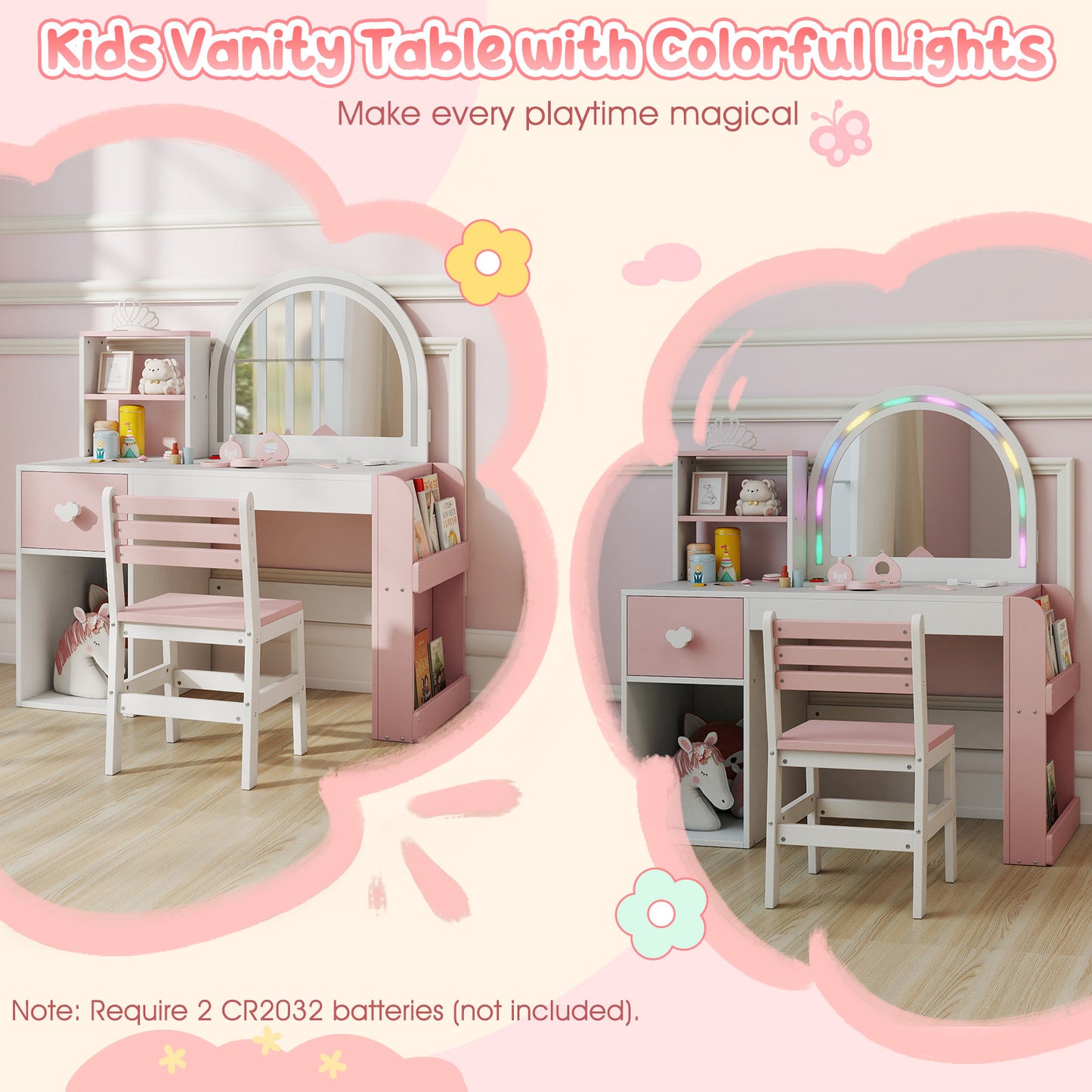 Kids Vanity Desk with Lights & Mirror | White & Pink