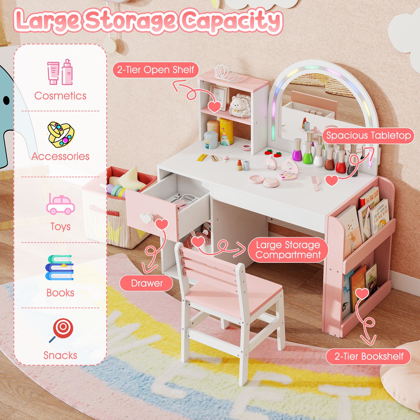 Kids Vanity Desk with Lights & Mirror | White & Pink