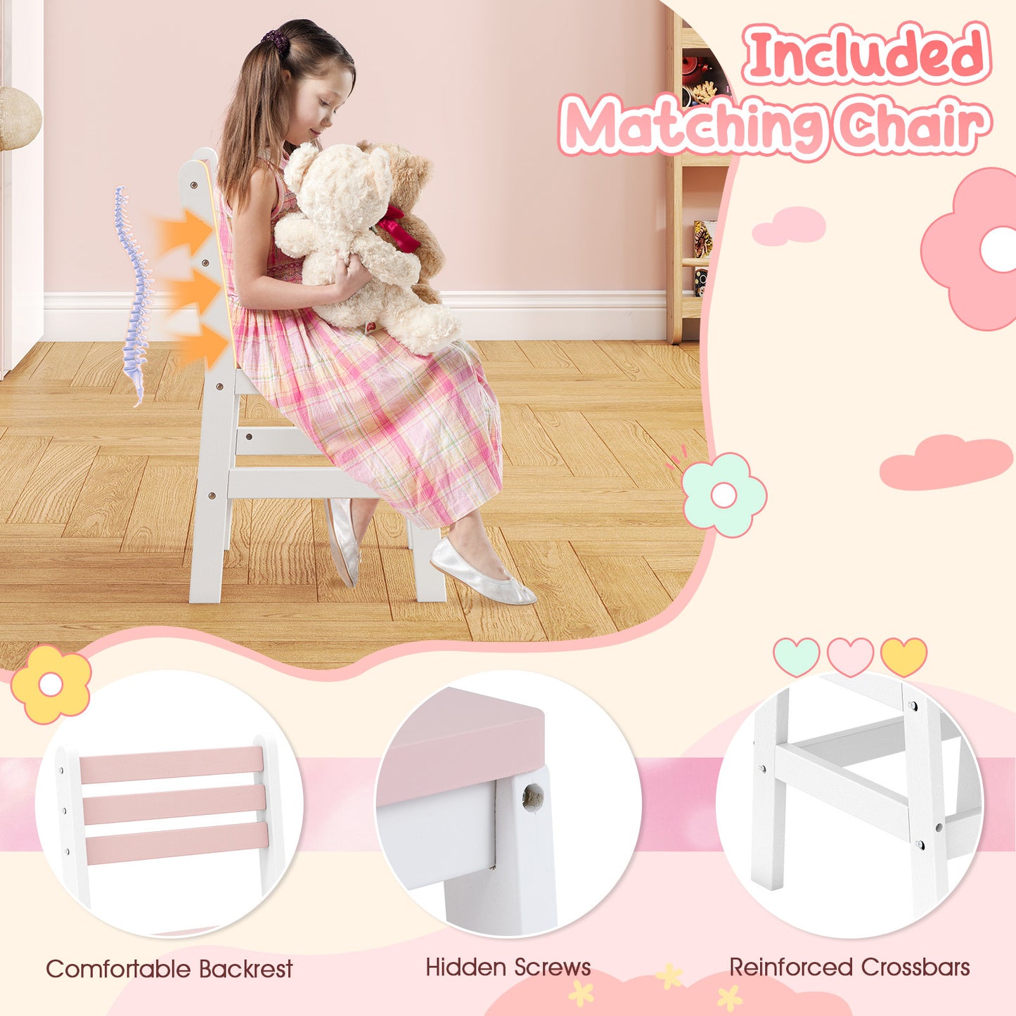 Kids Vanity Desk with Lights & Mirror | White & Pink