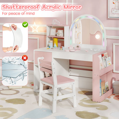 Kids Vanity Desk with Lights & Mirror | White & Pink