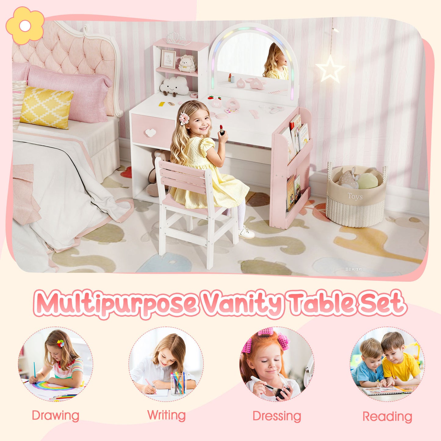 Kids Vanity Desk with Lights & Mirror | White & Pink