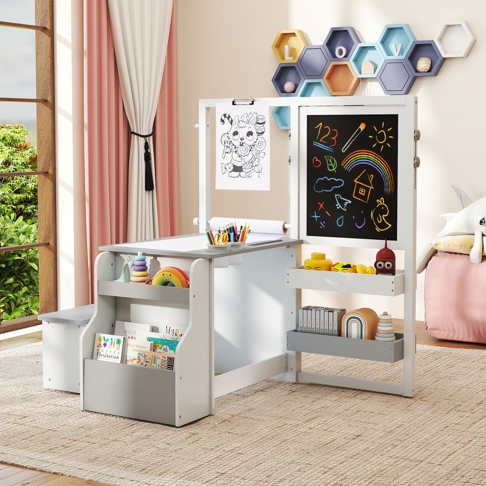 Kids Art Table & Bench Set with Double-Sided Adjustable Easel-Light Grey
