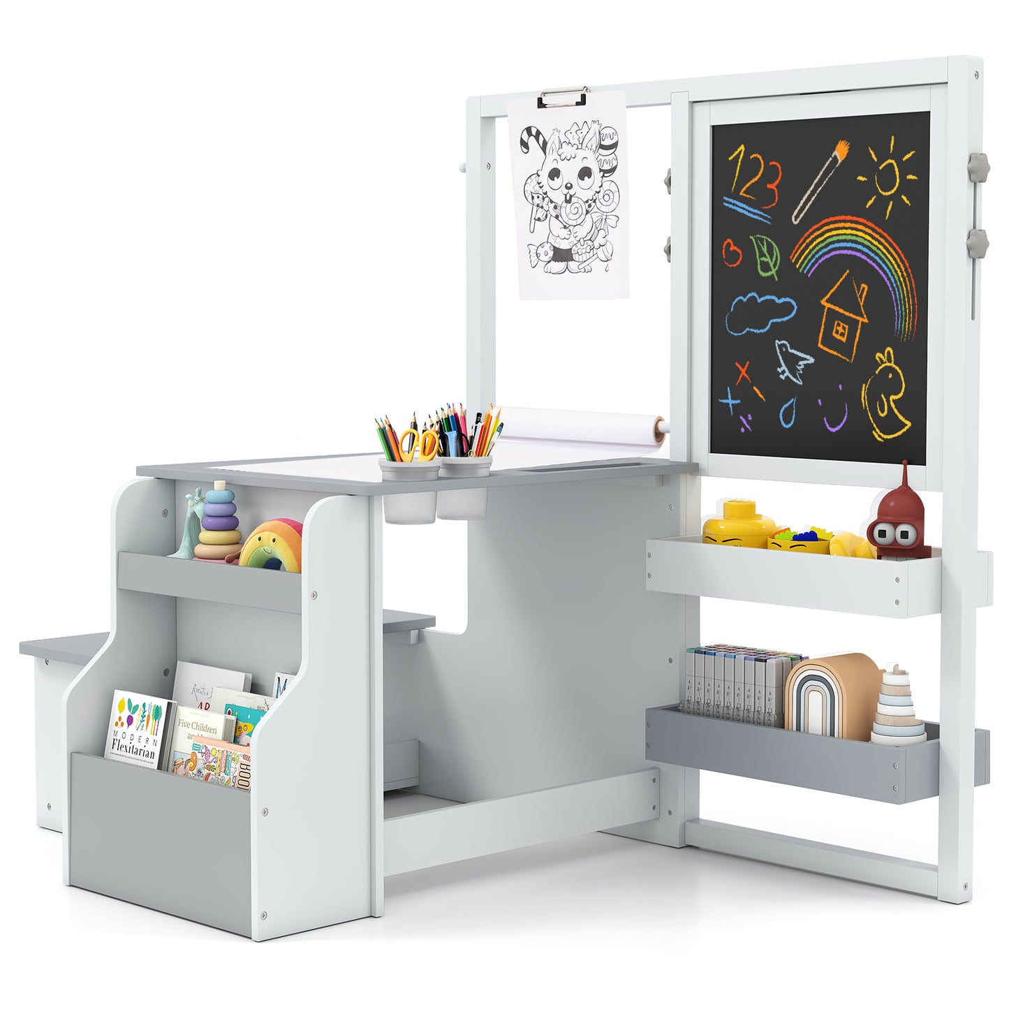 Kids Art Table Bench Set Double Sided Adjustable Easel Light Grey