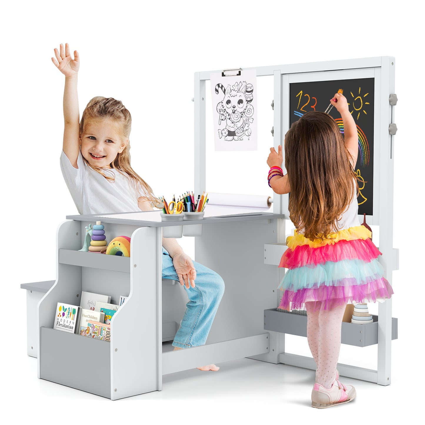 Kids Art Table Bench Set Double Sided Adjustable Easel Light Grey