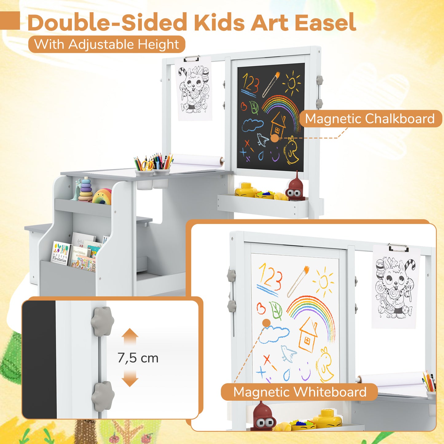 Kids Art Table Bench Set Double Sided Adjustable Easel Light Grey