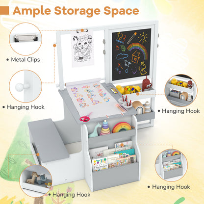 Kids Art Table Bench Set Double Sided Adjustable Easel Light Grey