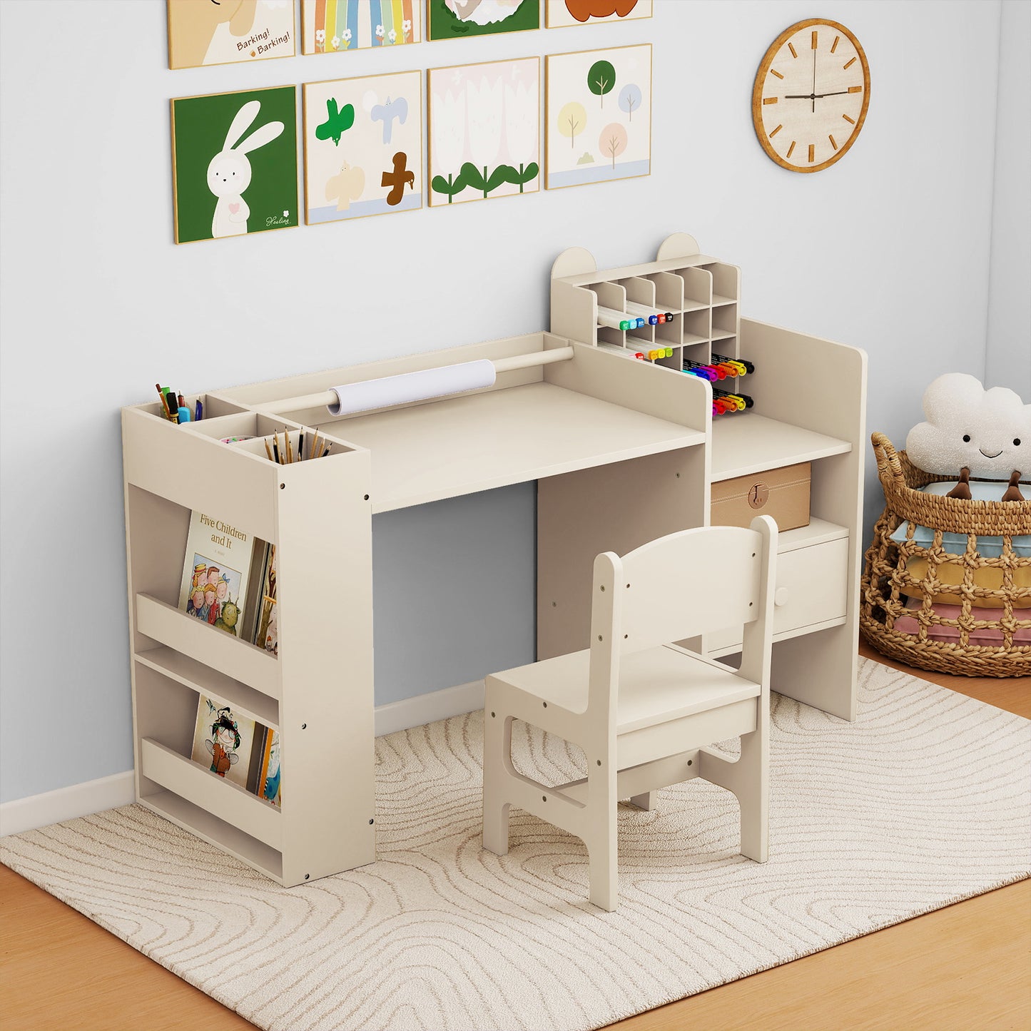 Costway Kids Art Table and Chair Set with Cubby Organizer and Storage Drawer-Natural