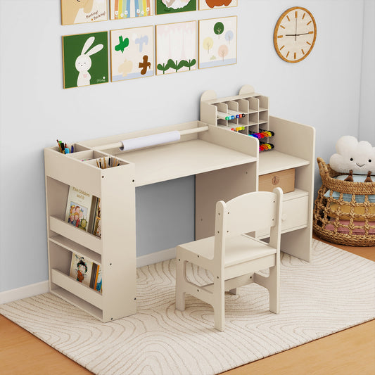 Costway Kids Art Table and Chair Set with Cubby Organizer and Storage Drawer-Natural