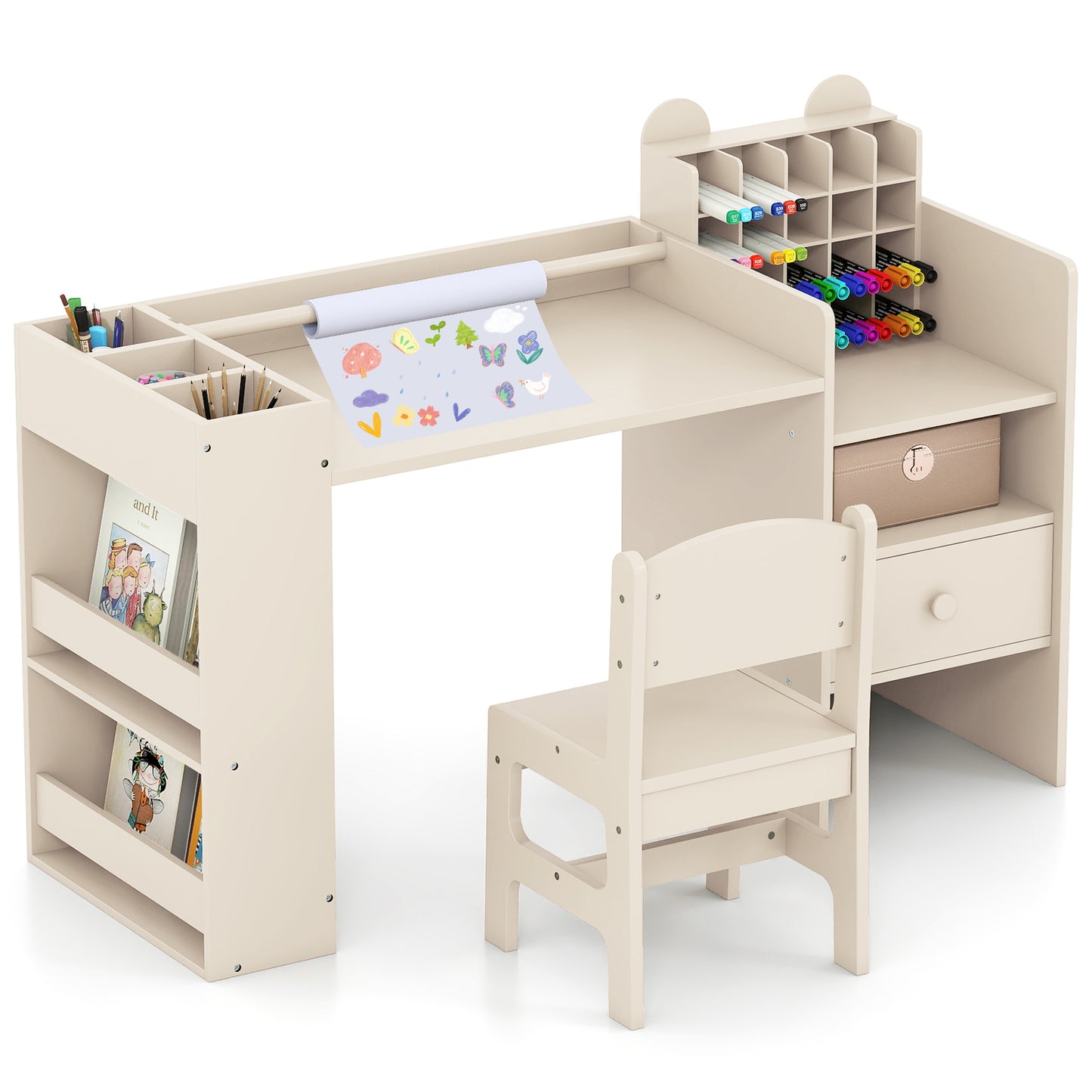 Kids Art Table & Chair Set | Natural Wood Tone With Storage