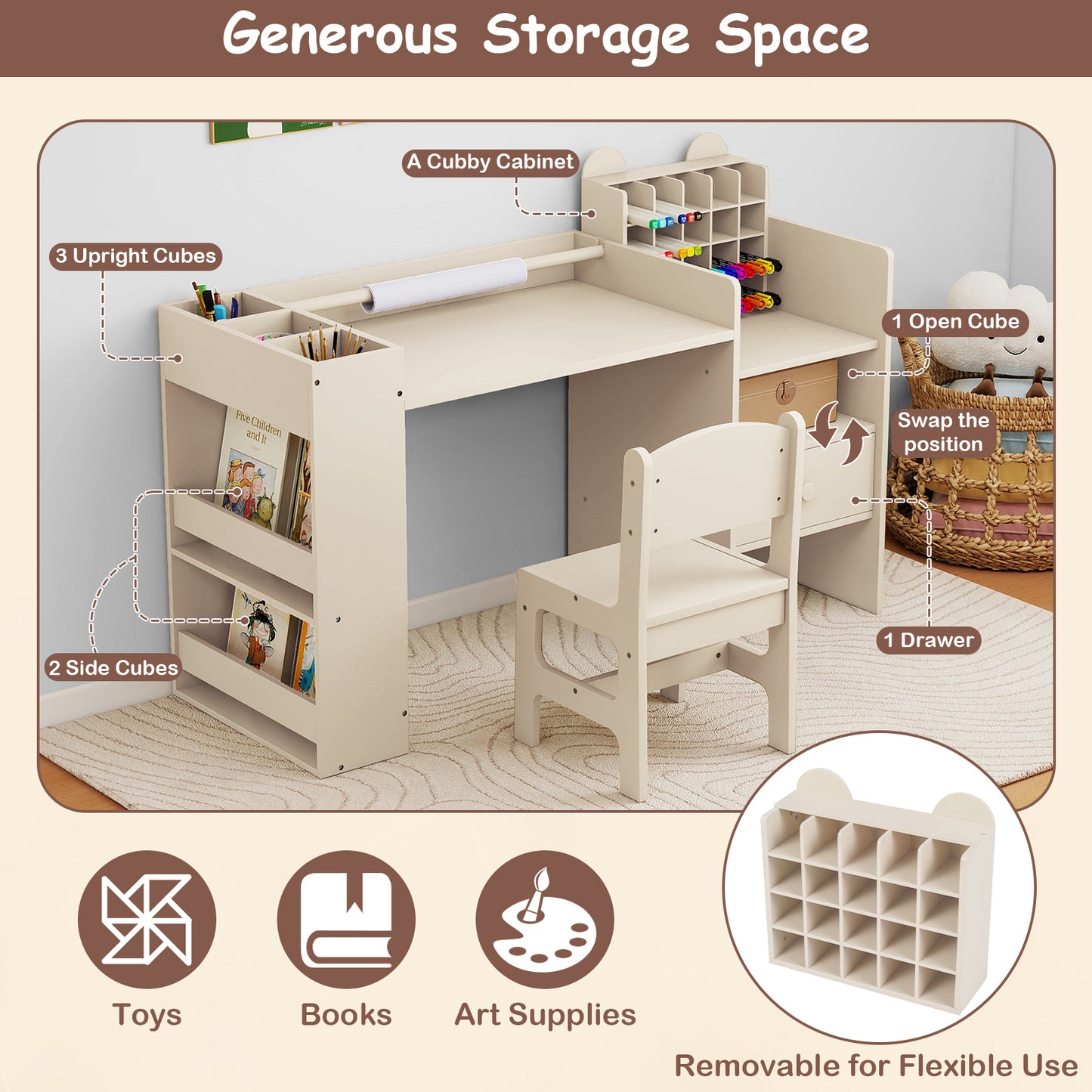 Kids Art Table & Chair Set | Natural Wood Tone With Storage