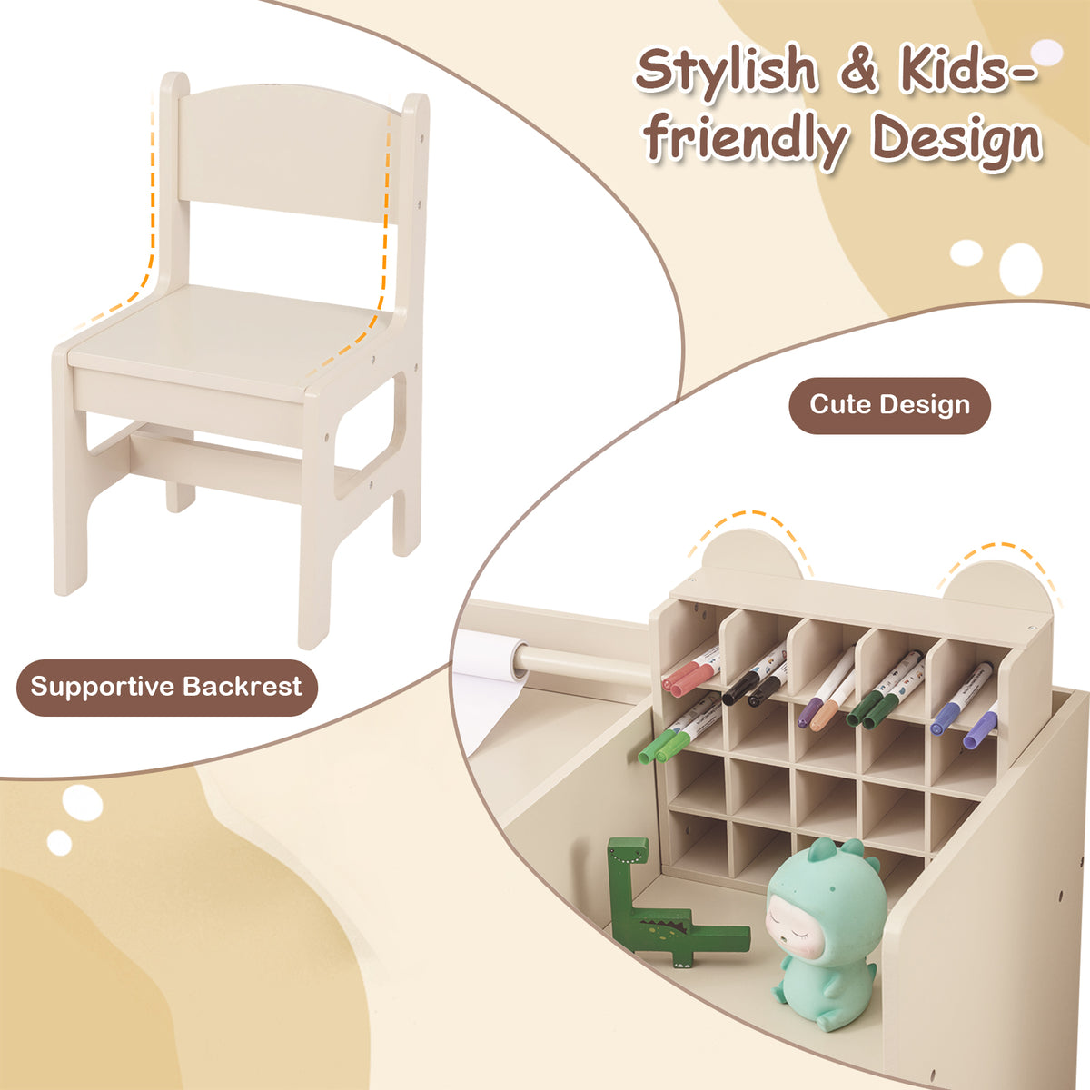 Kids Art Table & Chair Set | Natural Wood Tone With Storage