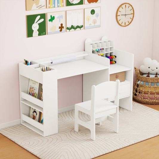 Costway Kids Art Table and Chair Set with Cubby Organizer and Storage Drawer-White