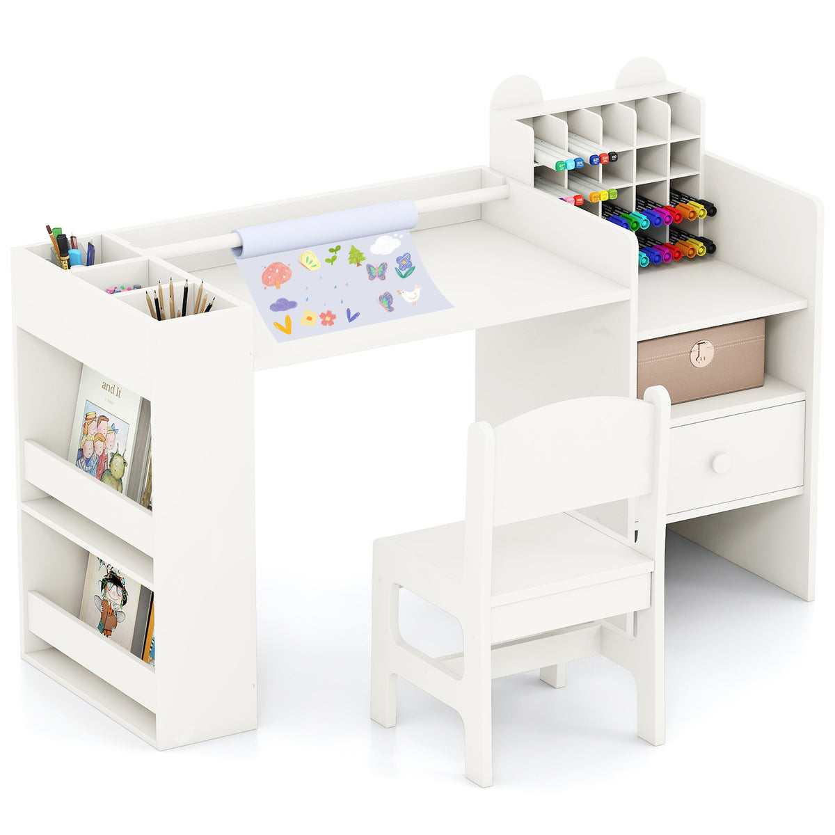 White Kids Art Table & Chair Set | Cubby Organizer & Storage Drawer
