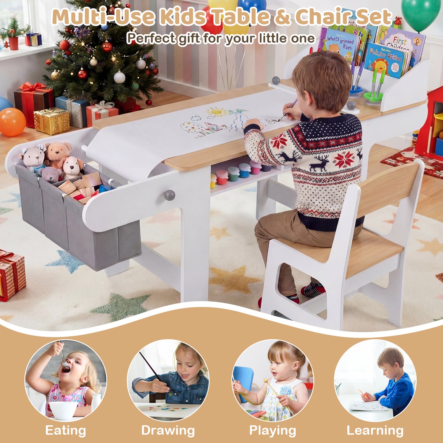 Kids Art Table & Chair Set | Paper Roll Paint Cups Gray White