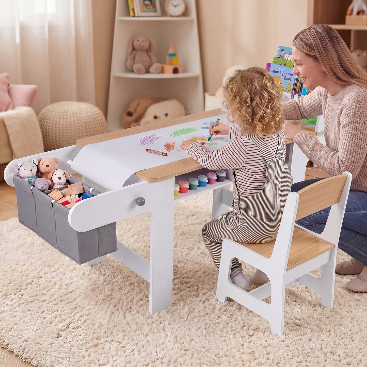 Kids Art Table & Chair Set | Paper Roll Paint Cups Gray White