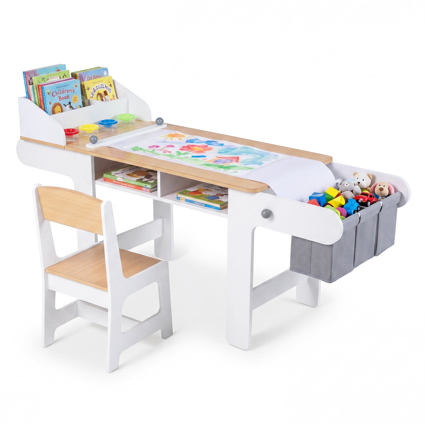 Kids Art Table & Chair Set | Paper Roll Paint Cups Gray White
