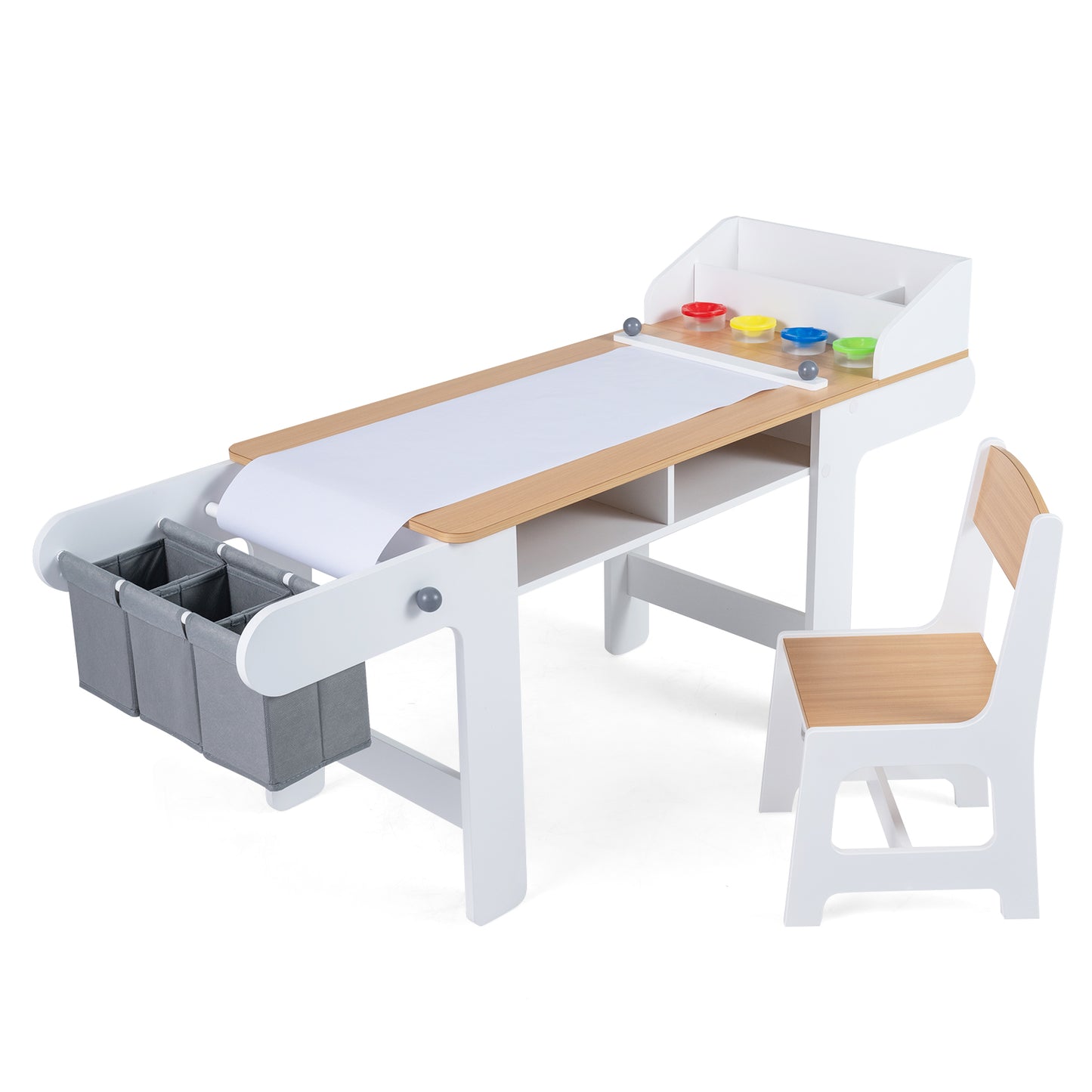 Kids Art Table & Chair Set | Paper Roll Paint Cups Gray White