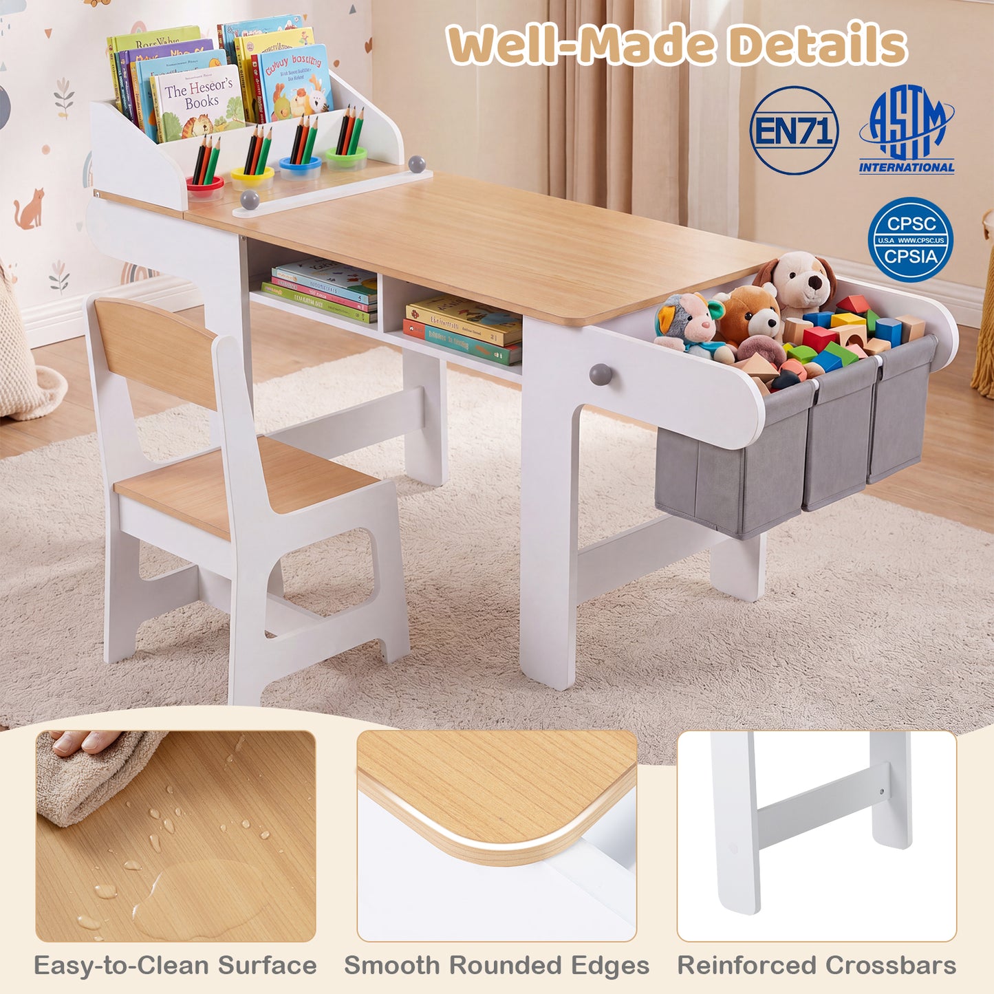 Kids Art Table & Chair Set | Paper Roll Paint Cups Gray White