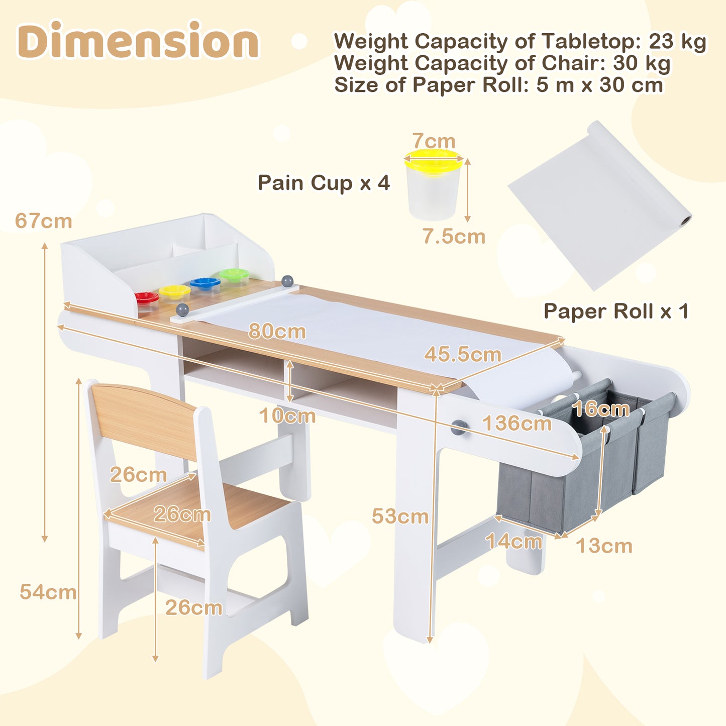Kids Art Table & Chair Set | Paper Roll Paint Cups Gray White