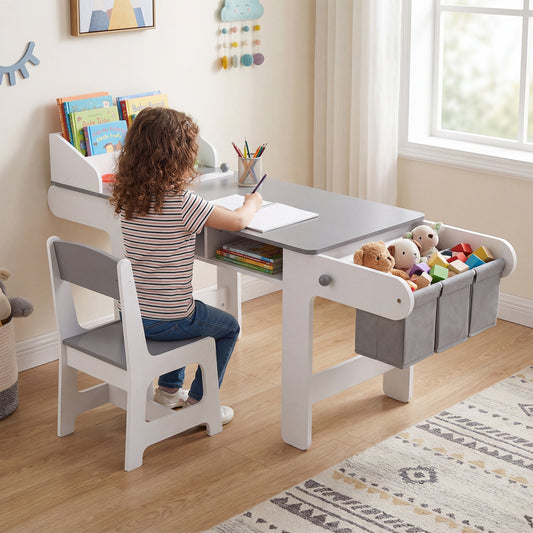 Costway Kids Art Table and Chair Set with Paper Roll and 4 Paint Cups-Grey