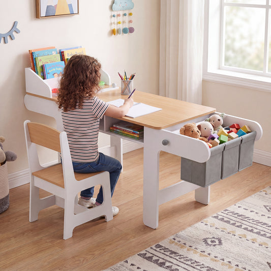 Costway Kids Art Table and Chair Set with Paper Roll and 4 Paint Cups-Natural