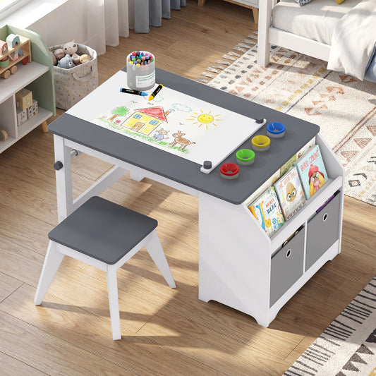 Costway Kids Art Table with Stool Wooden Activity Table with Paper Roll and Storage-Grey