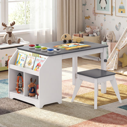 Grey Kids Art Table & Stool | Paper Roll Storage & Paint Cups