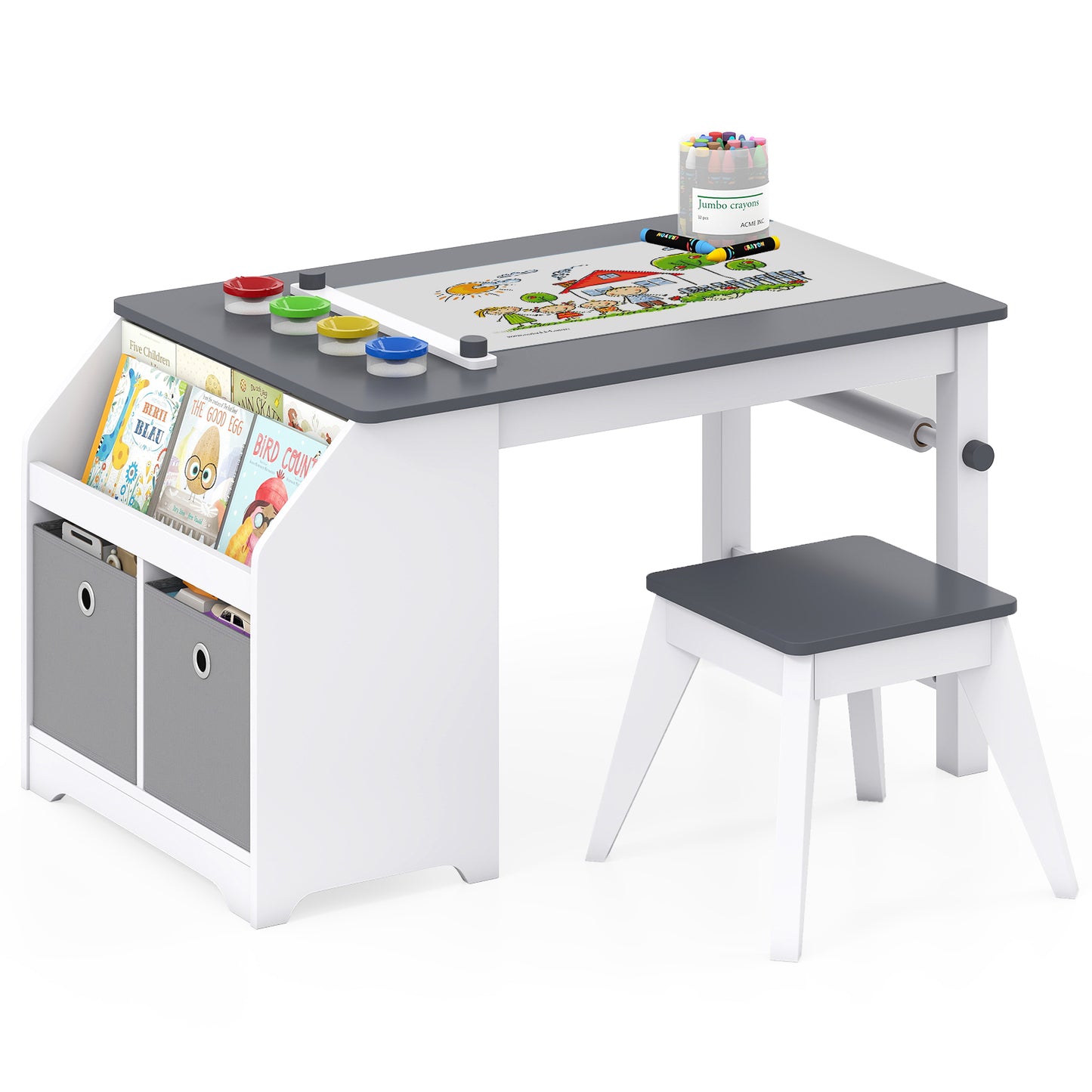 Grey Kids Art Table & Stool | Paper Roll Storage & Paint Cups