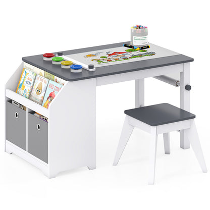 Grey Kids Art Table & Stool | Paper Roll Storage & Paint Cups