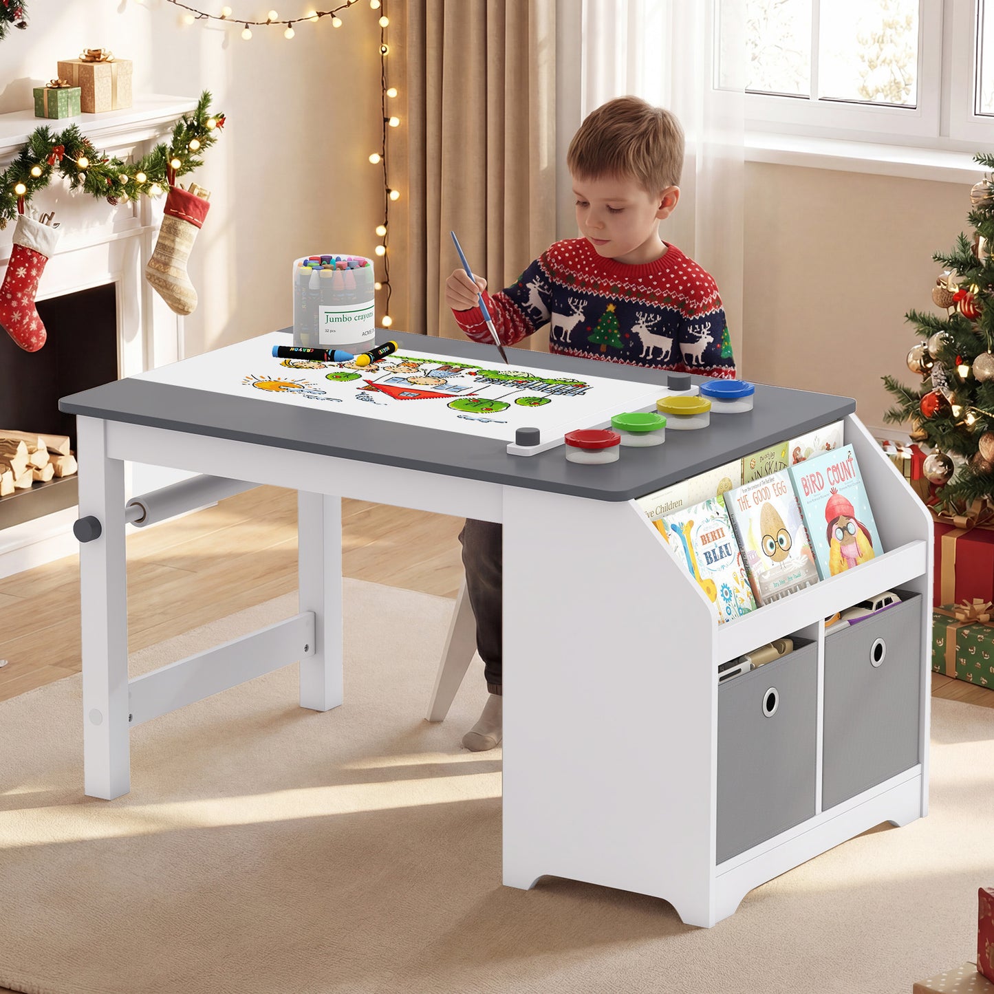 Grey Kids Art Table & Stool | Paper Roll Storage & Paint Cups