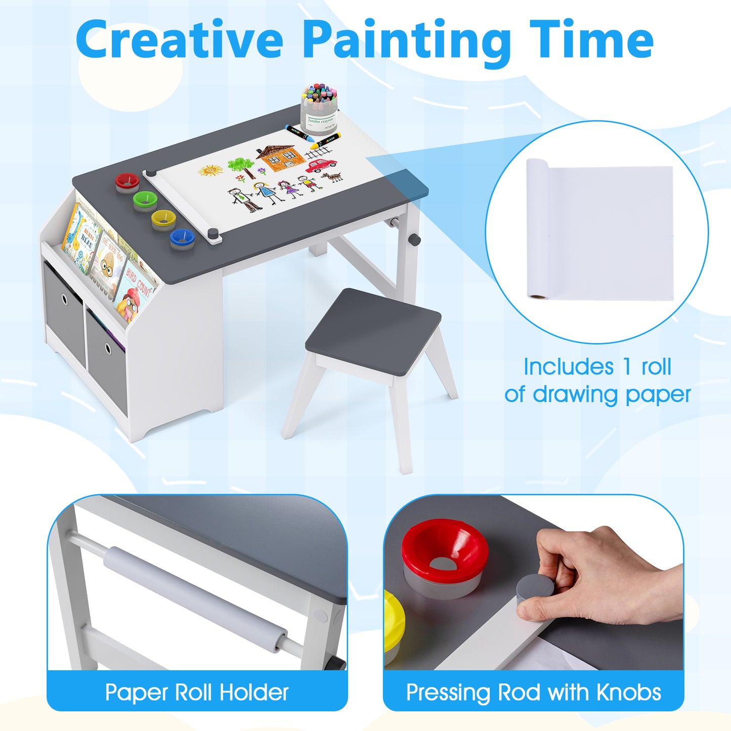 Grey Kids Art Table & Stool | Paper Roll Storage & Paint Cups