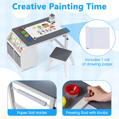 Grey Kids Art Table & Stool | Paper Roll Storage & Paint Cups